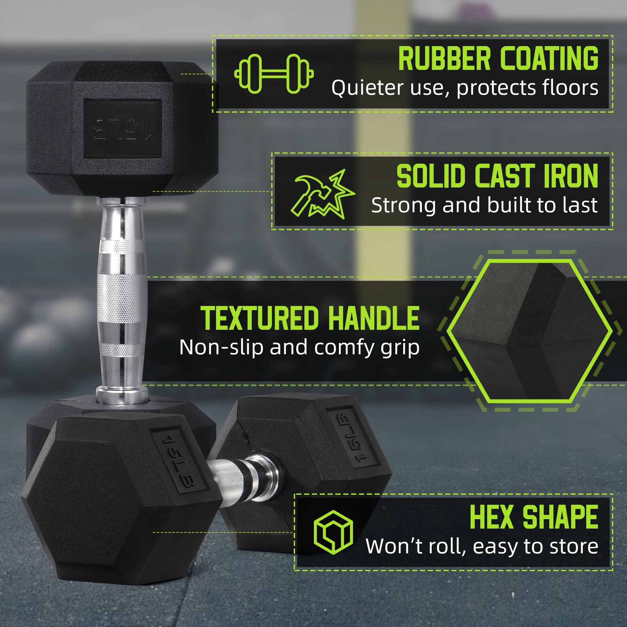 Rubber Encased Hex Dumbbell, Anti-Roll, Black, 35 Lb, Assembled Product Weight, Single